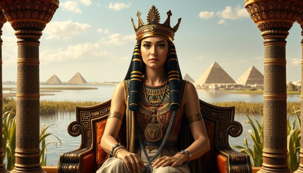 Artistic depiction of Cleopatra Queen of the Nile seated on her throne with the Nile River and pyramids in the background