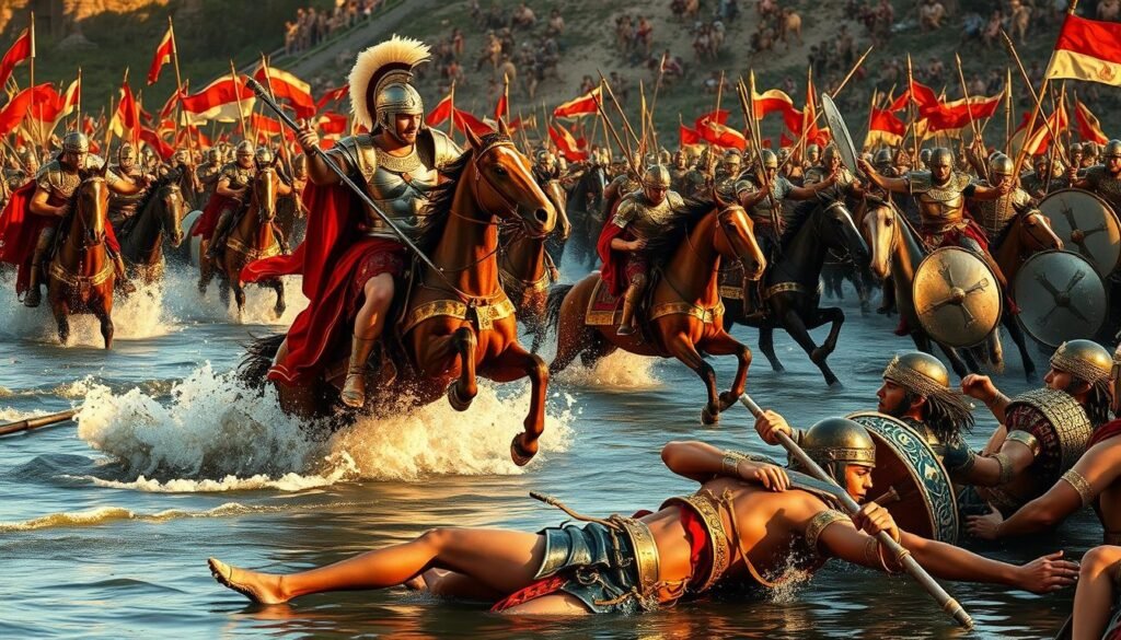 Battle of Granicus showing Alexander leading cavalry charge across the river against Persian forces