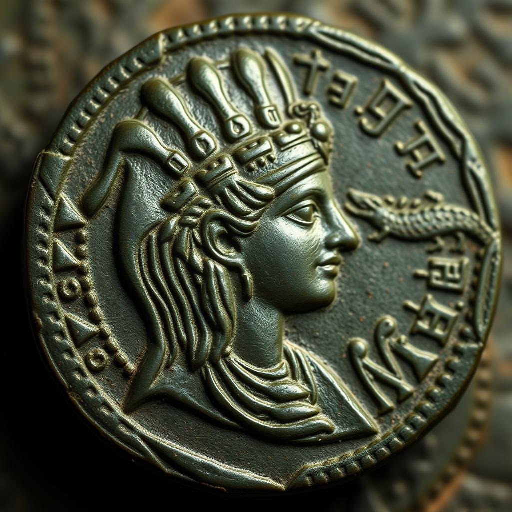 Bronze coin showing Cleopatra as Isis with Egyptian symbols on the reverse