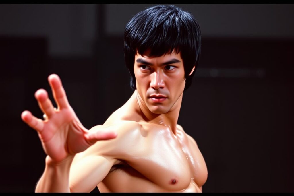 Bruce Lee in a fighting stance from Enter the Dragon, his most iconic film that showcased his martial arts legacy