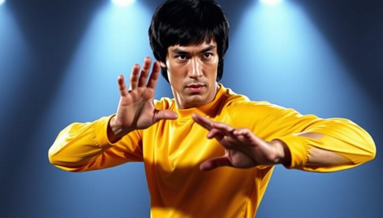 Bruce Lee in his iconic yellow jumpsuit from Game of Death, showcasing his legendary martial arts stance