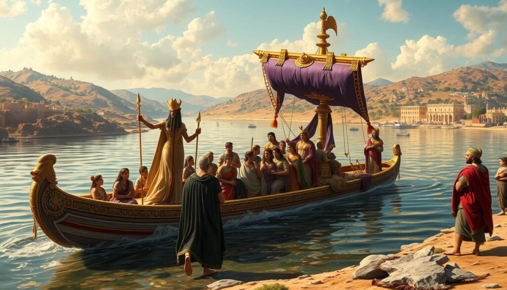 Cleopatra and Mark Antony meeting in Tarsus, with Cleopatra arriving on her lavish royal barge