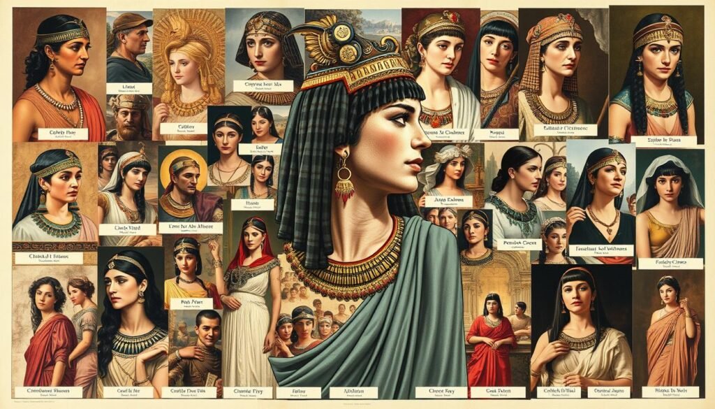 Collage showing different artistic depictions of Cleopatra throughout history from ancient Roman art to modern films