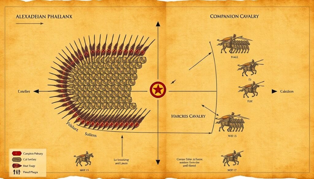 Diagram showing Alexander's battle formation with the Macedonian phalanx in the center and Companion Cavalry on the wings