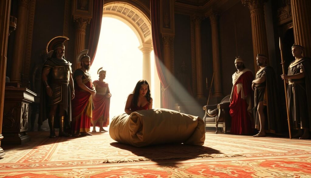 Dramatic scene depicting Cleopatra being smuggled into Caesar's quarters wrapped in a carpet