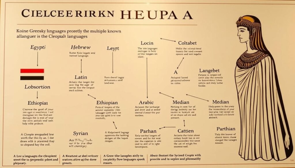 Educational illustration showing the languages spoken by Cleopatra including Greek, Egyptian, Latin, and others