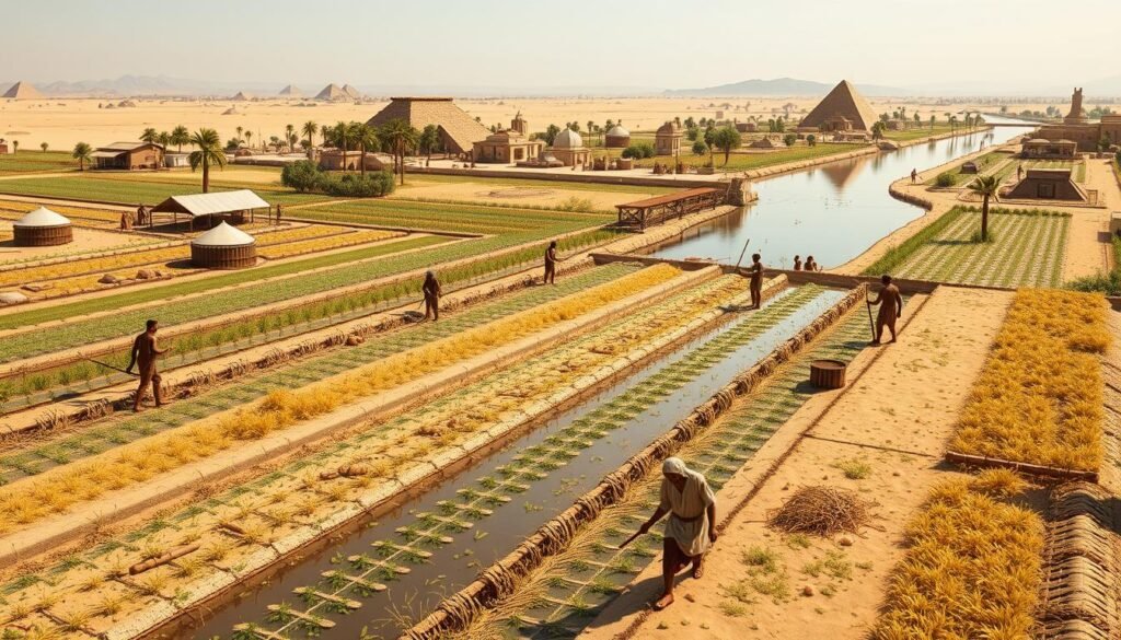 Egyptian agricultural scene showing irrigation systems, grain harvesting, and storage facilities along the Nile