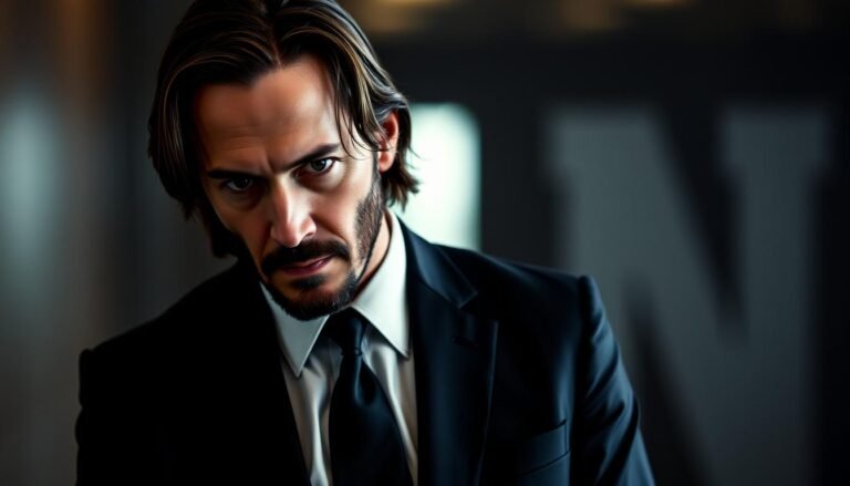 Keanu Reeves as John Wick, showcasing his iconic role as the humble action star