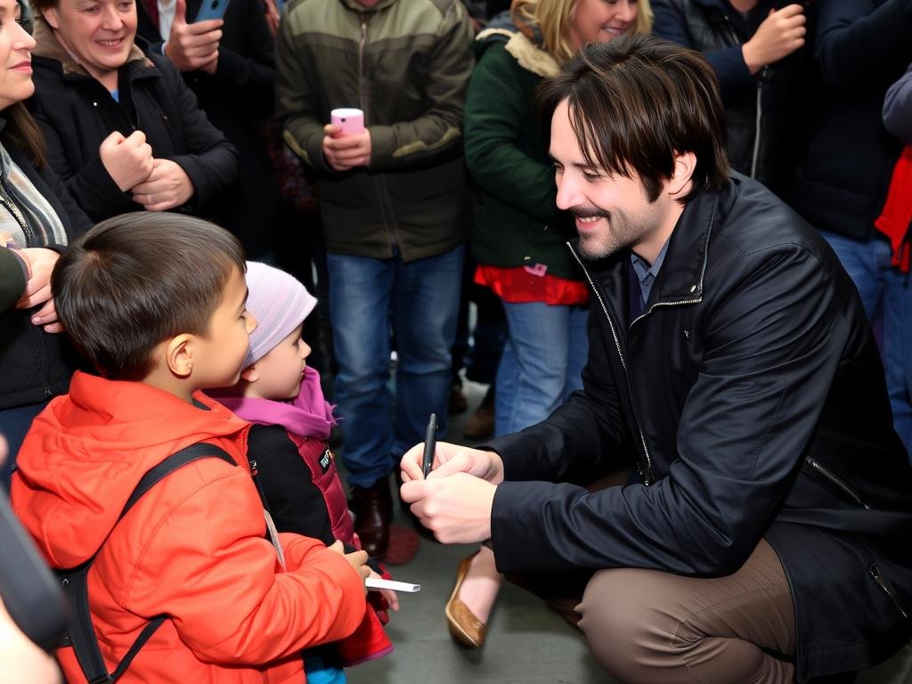 Keanu Reeves interacting with a young fan, showing his approachable nature