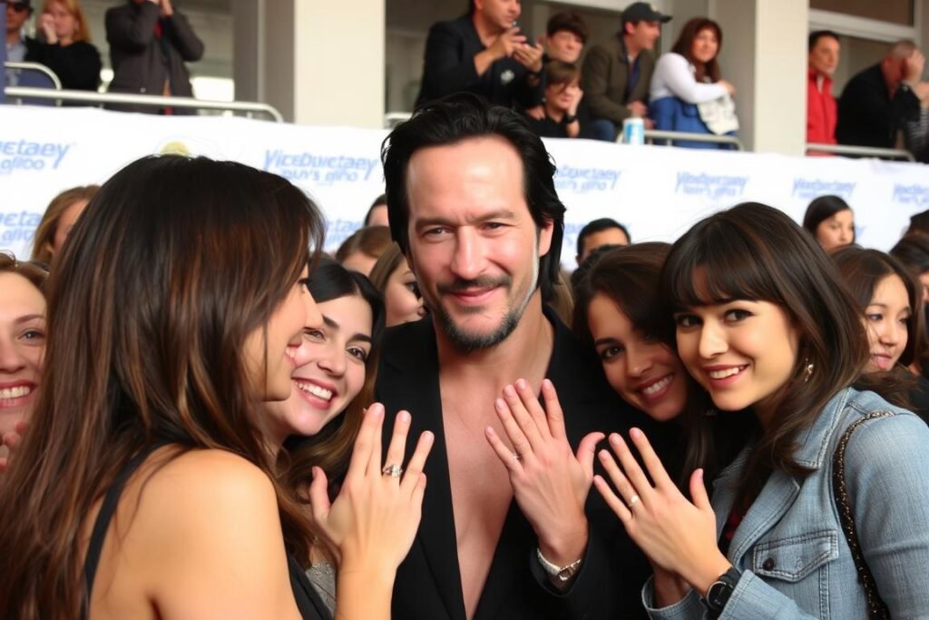 Keanu Reeves taking photos with fans, showing his respectful approach by not touching them