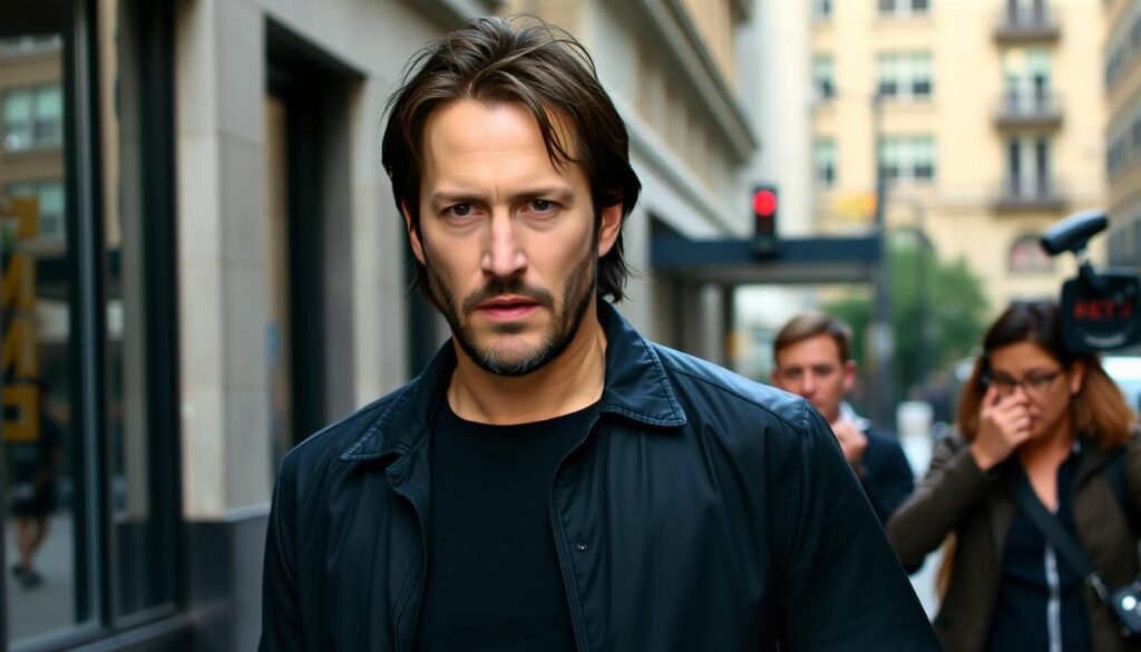 Keanu Reeves walking down a street, embodying the humble icon status that has defined his career