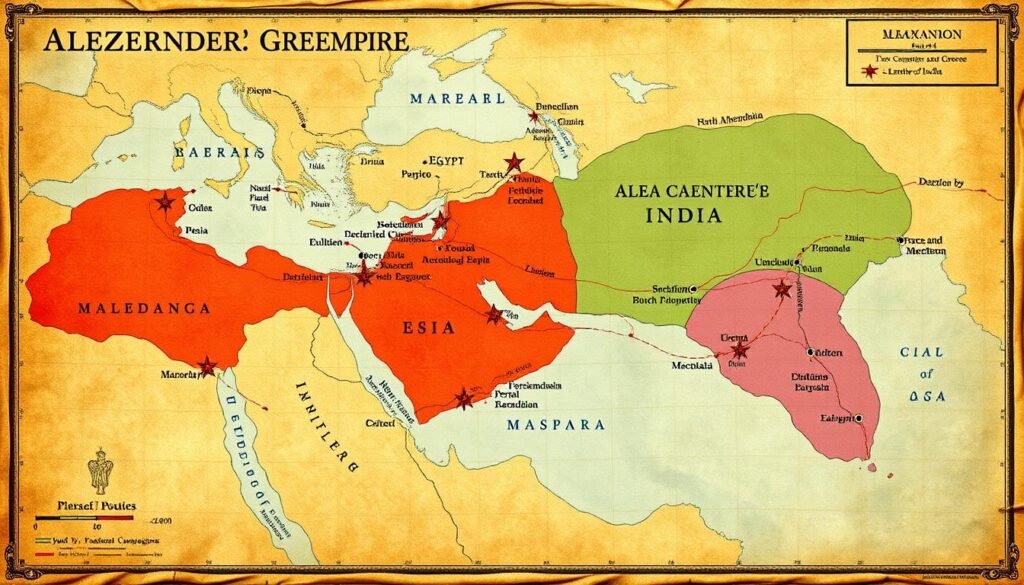 Map showing the extent of Alexander's empire at its height, spanning from Greece to India