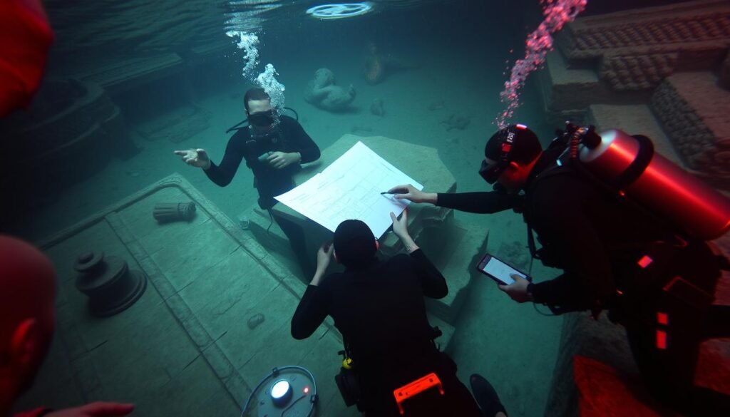 Modern archaeological excavation at an underwater site in Alexandria revealing artifacts from Cleopatra's reign