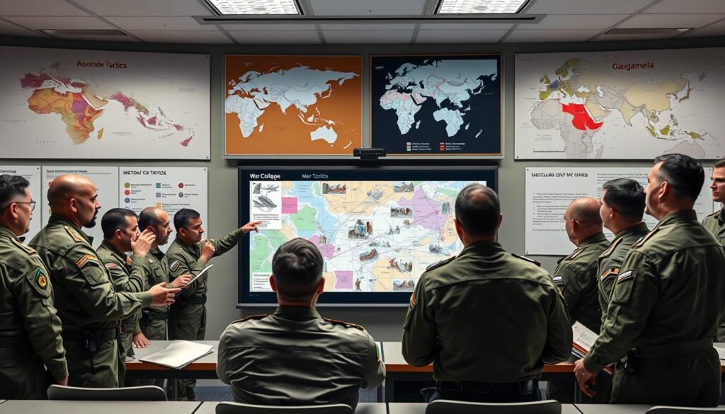 Modern military leaders studying Alexander's battle tactics in a war college classroom