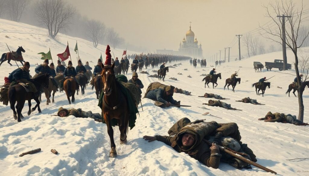 Napoleon's Grande Armée retreating from Moscow during the disastrous Russian campaign