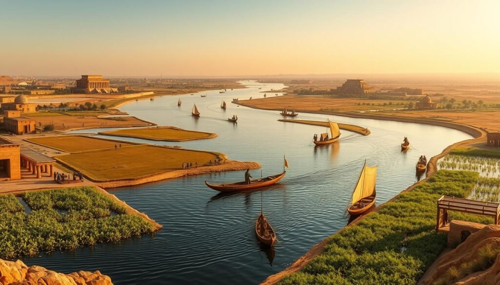 Panoramic view of the Nile River during Cleopatra's time with papyrus reeds, boats, and agricultural activities along the banks