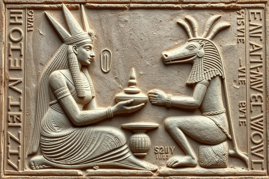 Relief carving showing Cleopatra dressed as the goddess Isis making offerings to the Nile god Hapi