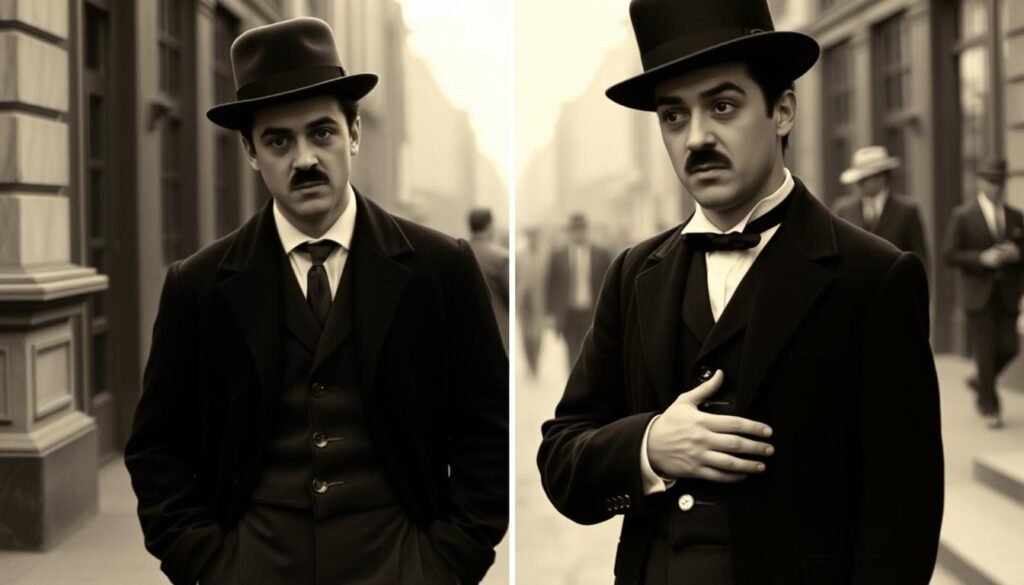 Robert Downey Jr. in character as Charlie Chaplin, showcasing his physical transformation and commitment to the role - demonstrating the iron will behind his method acting approach