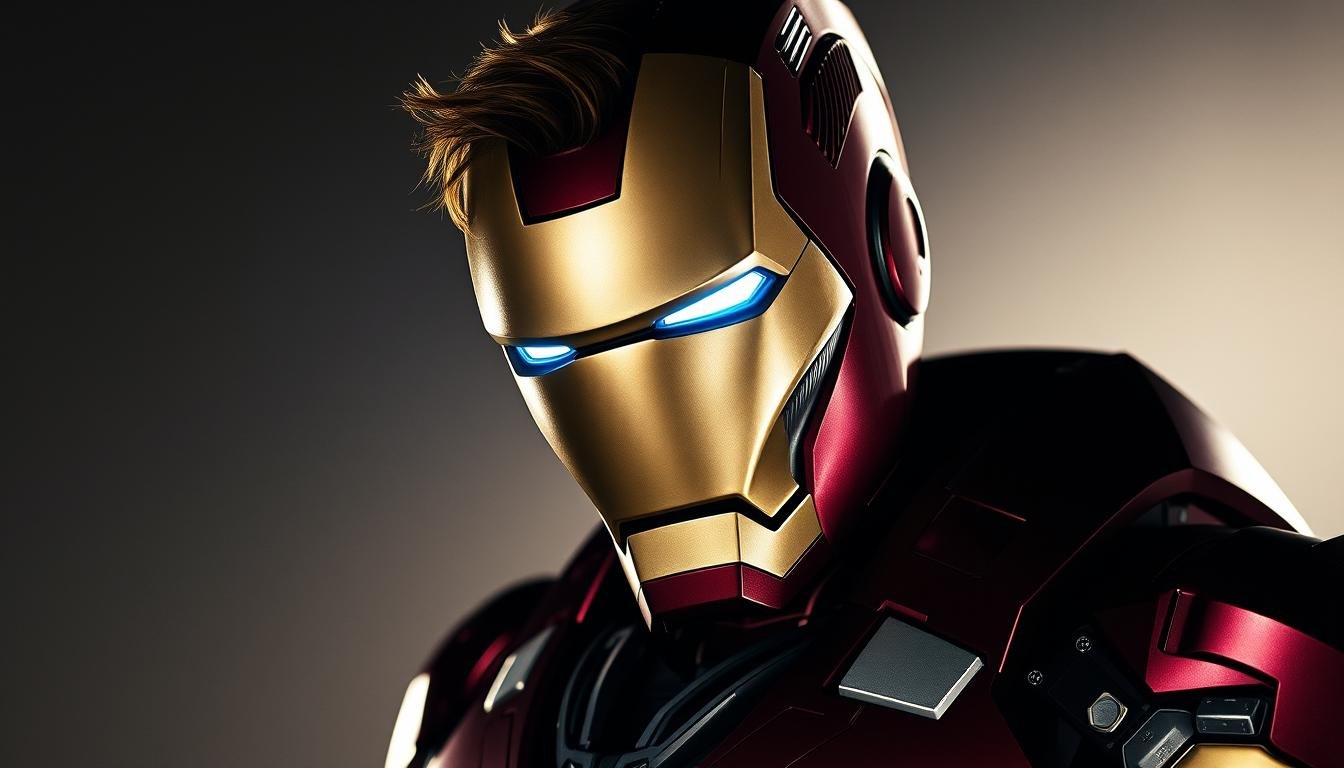 Robert Downey Jr. in his iconic Iron Man suit, standing confidently with the suit's mask removed to reveal his face - symbolizing his dual identity as actor and character