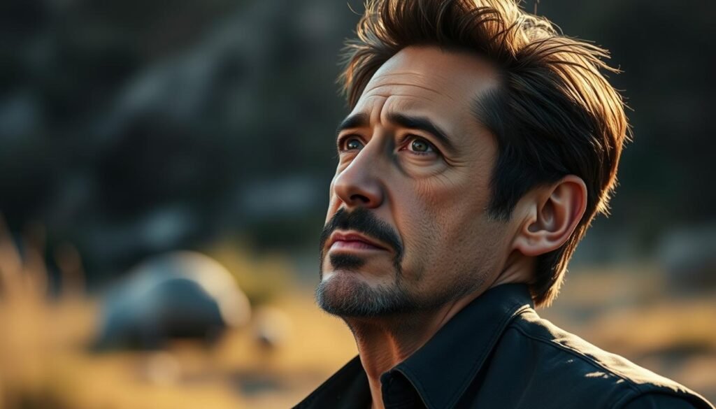 Robert Downey Jr. looking forward to new horizons, symbolizing his ongoing journey and the enduring nature of his iron will