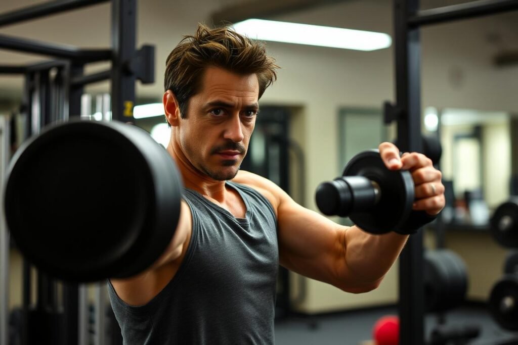 Robert Downey Jr. training intensely for his role as Iron Man, showing the physical preparation and iron will required to transform into a superhero