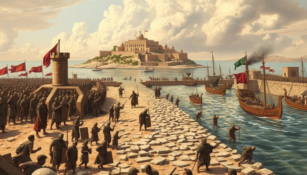 Siege of Tyre showing Alexander's forces building the causeway to reach the island city