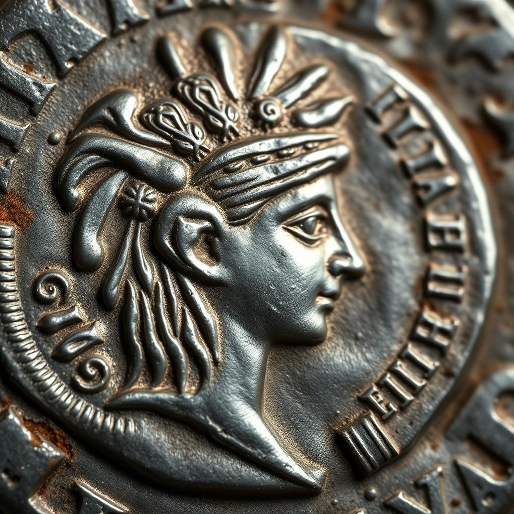 Silver tetradrachm coin from Cleopatra's reign showing her profile and royal symbols