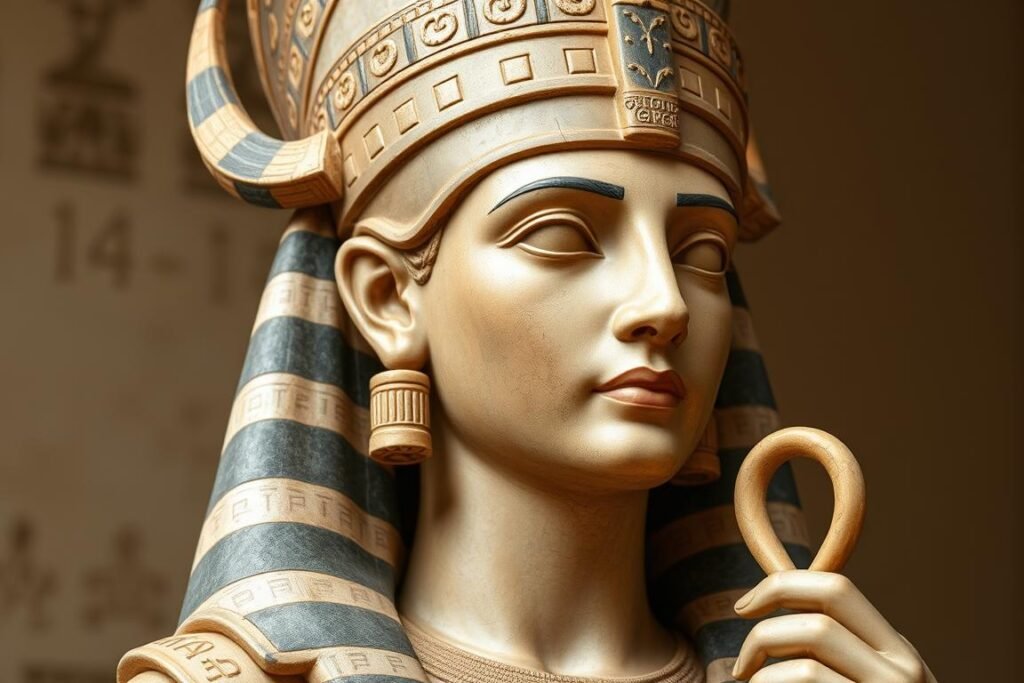 Statue of Cleopatra depicted as the goddess Isis with traditional Egyptian divine attributes