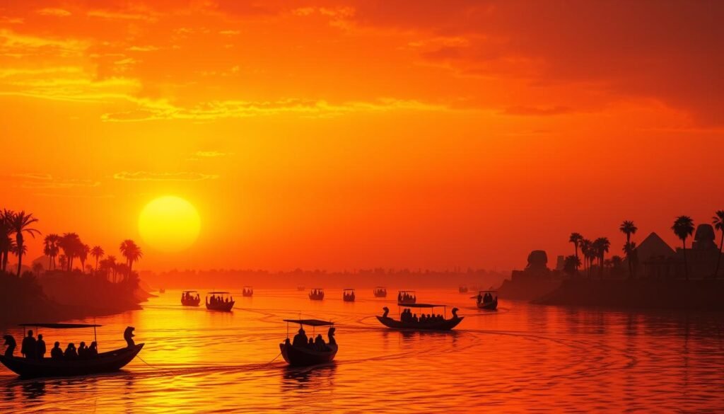 Sunset over the Nile River with ancient Egyptian elements symbolizing Cleopatra's legacy as Queen of the Nile