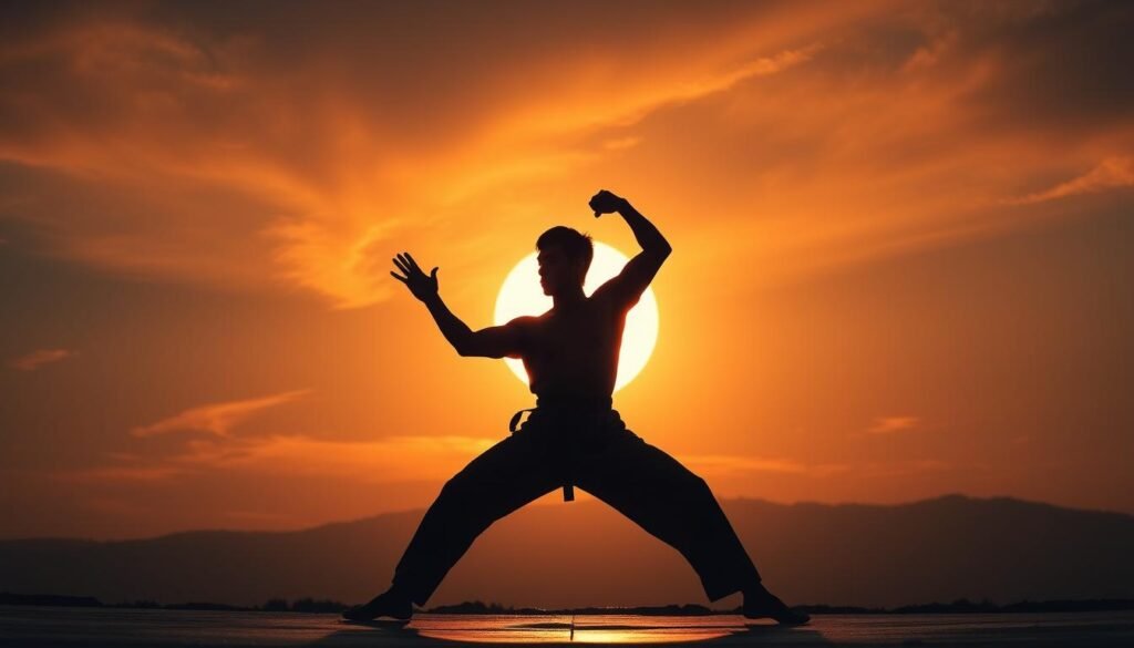 Sunset silhouette of a martial artist practicing Bruce Lee's techniques, symbolizing his enduring legacy