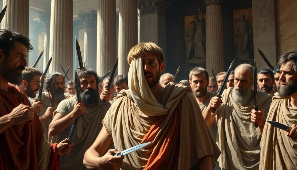 The assassination of Julius Caesar on the Ides of March showing the betrayal by Roman senators