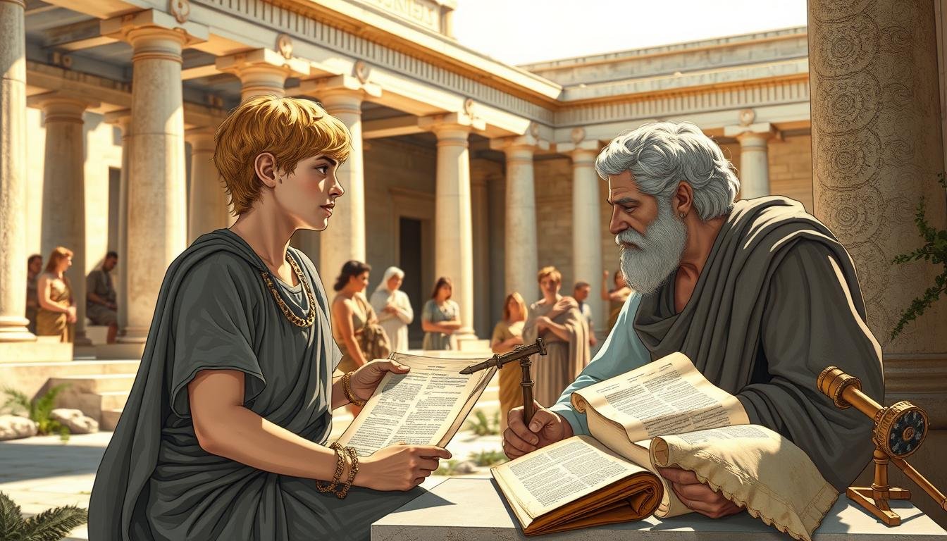 Young Alexander the Great being tutored by Aristotle, with other students gathered around them in an ancient Greek setting