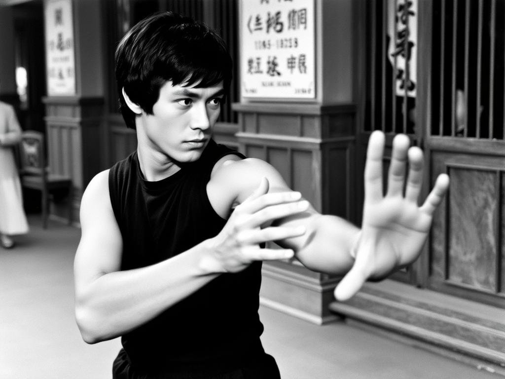 Young Bruce Lee practicing Wing Chun techniques in Hong Kong, showing the early development of his martial arts skills