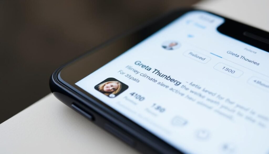 A smartphone displaying Greta Thunberg's viral social media post about climate activism with thousands of likes and shares