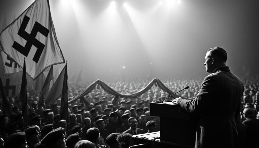 Adolf Hitler addressing a Nazi rally with dramatic lighting and Nazi flags
