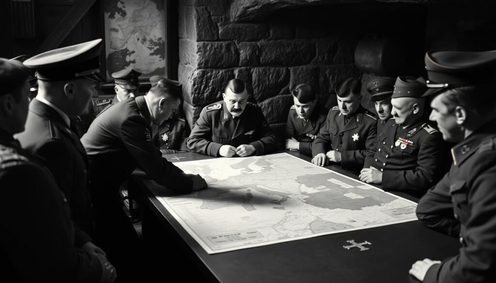 Adolf Hitler examining military maps with his generals during World War II