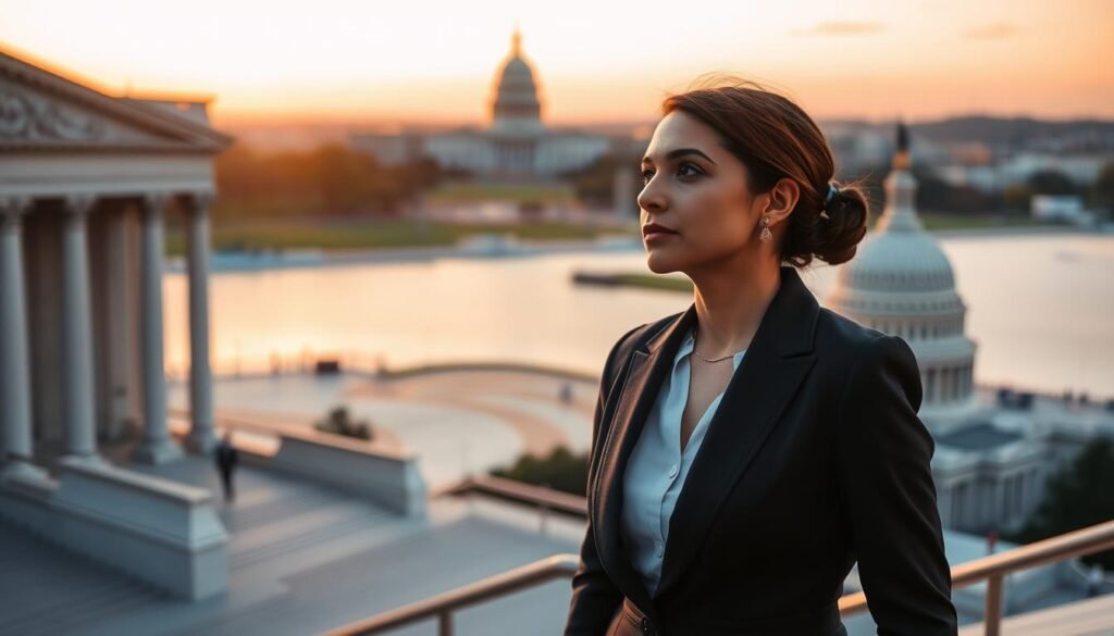 Alexandria Ocasio-Cortez looking toward the future, symbolizing the challenges and potential of the new era she represents