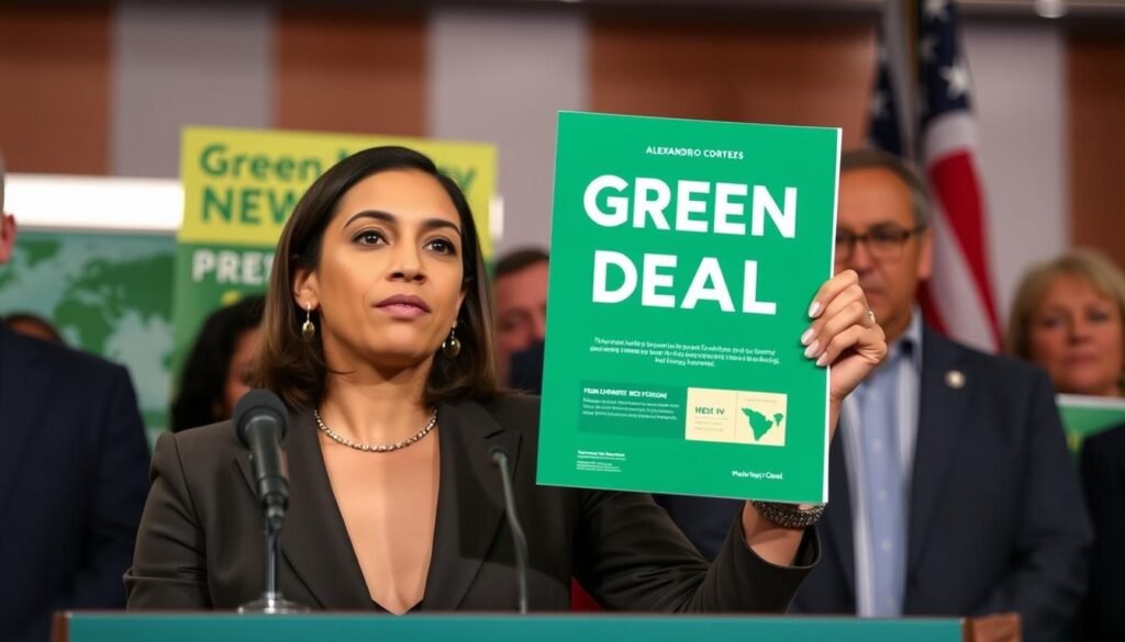Alexandria Ocasio-Cortez presenting the Green New Deal, symbolizing the new era of climate policy