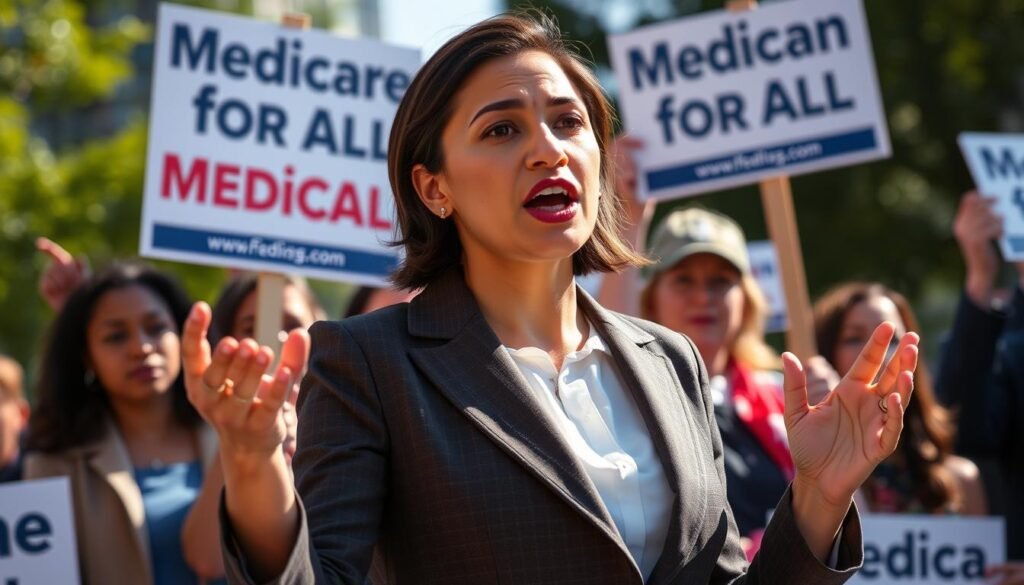 Alexandria Ocasio-Cortez speaking at a Medicare for All rally, representing her new era healthcare advocacy