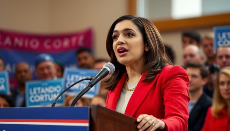 Alexandria Ocasio-Cortez speaking at a podium representing the new era of progressive politics