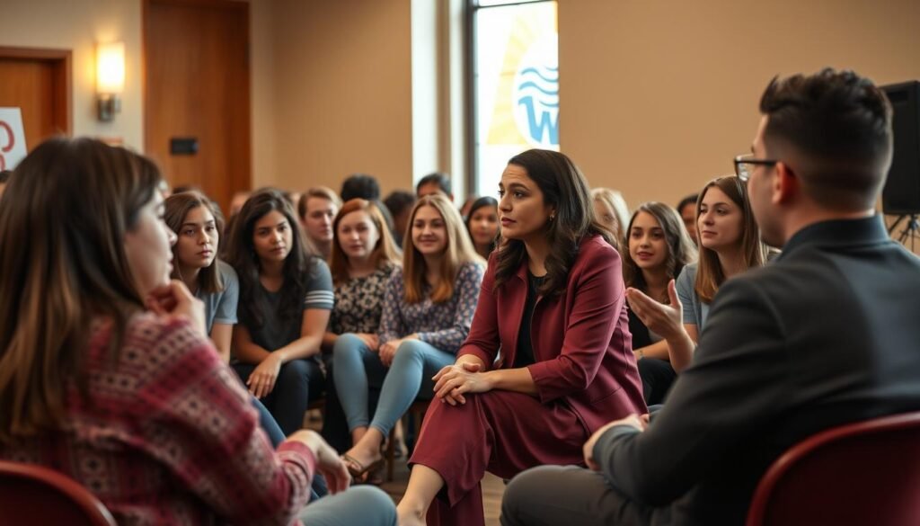 Alexandria Ocasio-Cortez speaking with young voters, symbolizing her connection with the new era of Gen-Z leadership