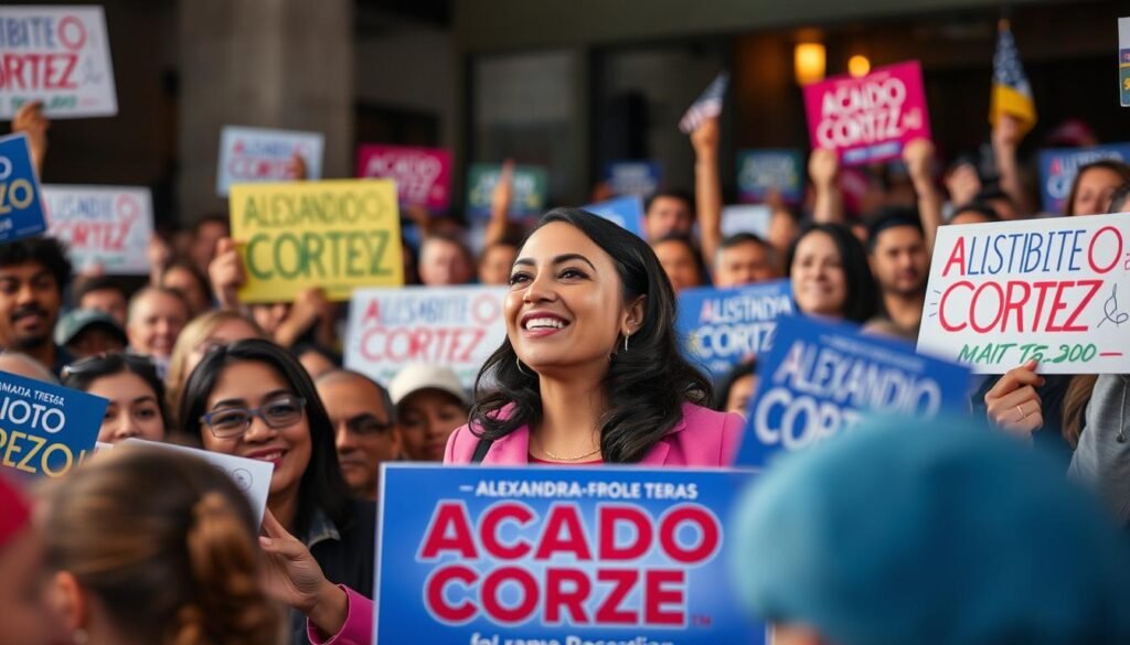 Alexandria Ocasio-Cortez with supporters of all ages, symbolizing the inclusive new era she champions