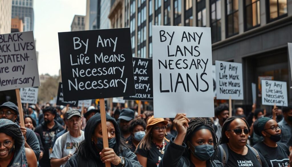 Black Lives Matter protesters holding signs with Malcolm X quotes including 'By Any Means Necessary'