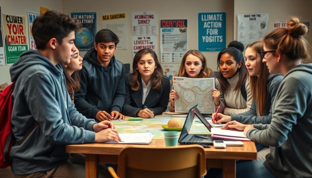 Diverse group of young climate activists planning future campaigns, representing the next generation of Greta Thunberg climate activism