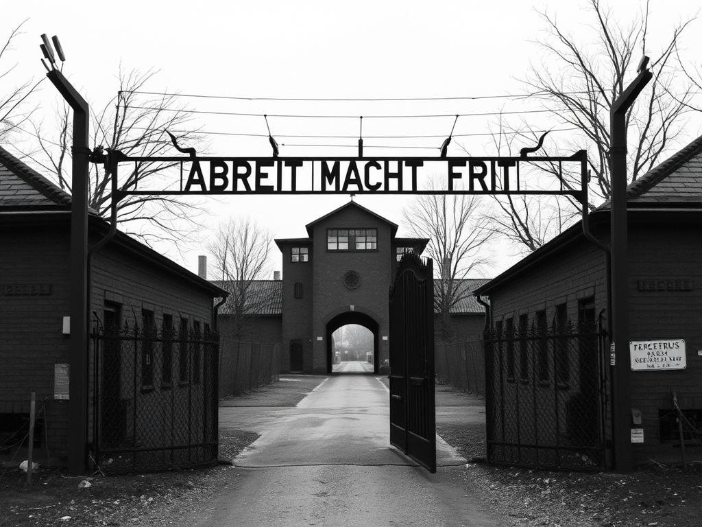 Entrance to Auschwitz concentration camp with the infamous 'Arbeit Macht Frei' gate