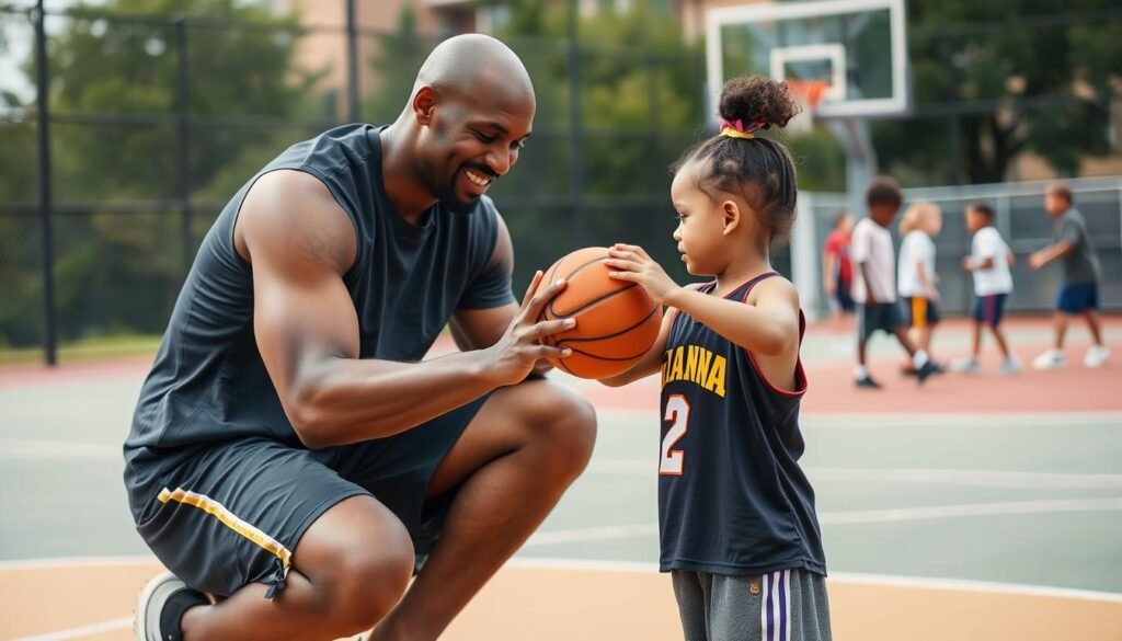 Father coaching his daughter in basketball, inspired by Kobe and Gianna