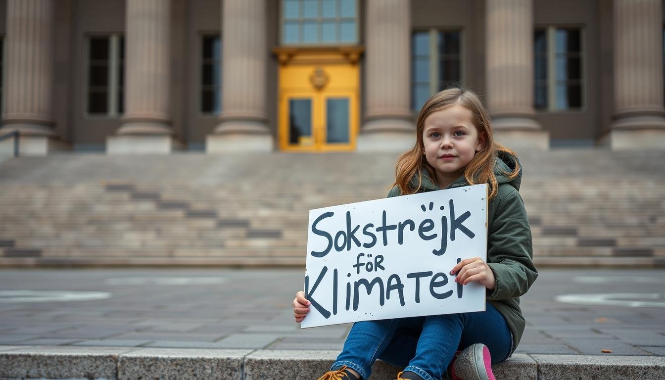 Greta Thunberg holding her 'Skolstrejk för Klimatet' sign during her first climate strike outside the Swedish parliament