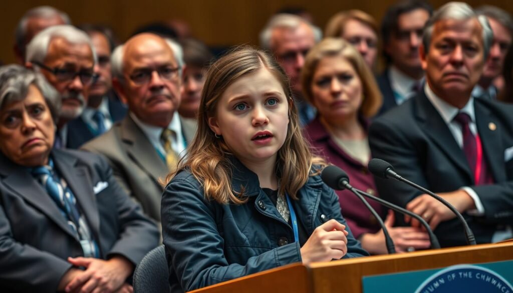 Greta Thunberg speaking passionately at a climate conference with world leaders in the audience