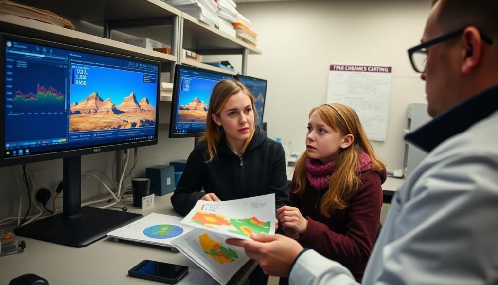 Greta Thunberg speaking with climate scientists, examining climate data charts