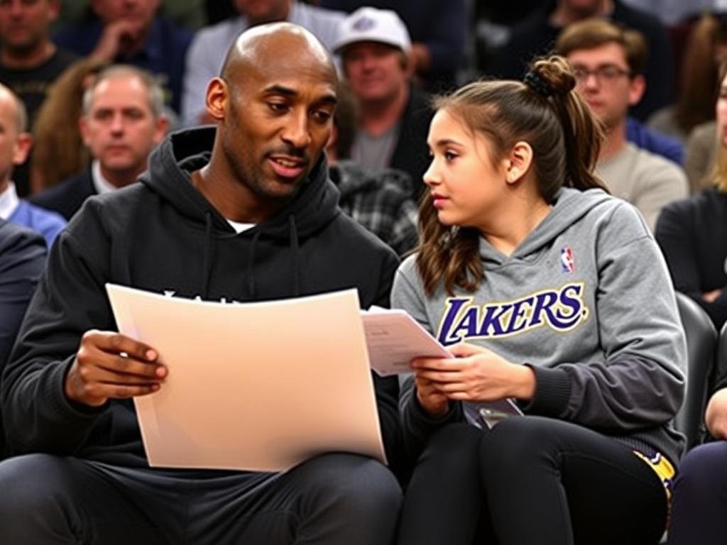 Kobe and Gianna Bryant sitting courtside at a Lakers game, analyzing plays together